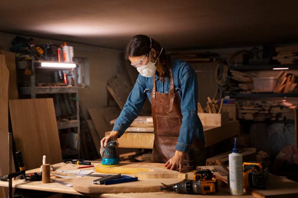 A female carpenter making furniture.